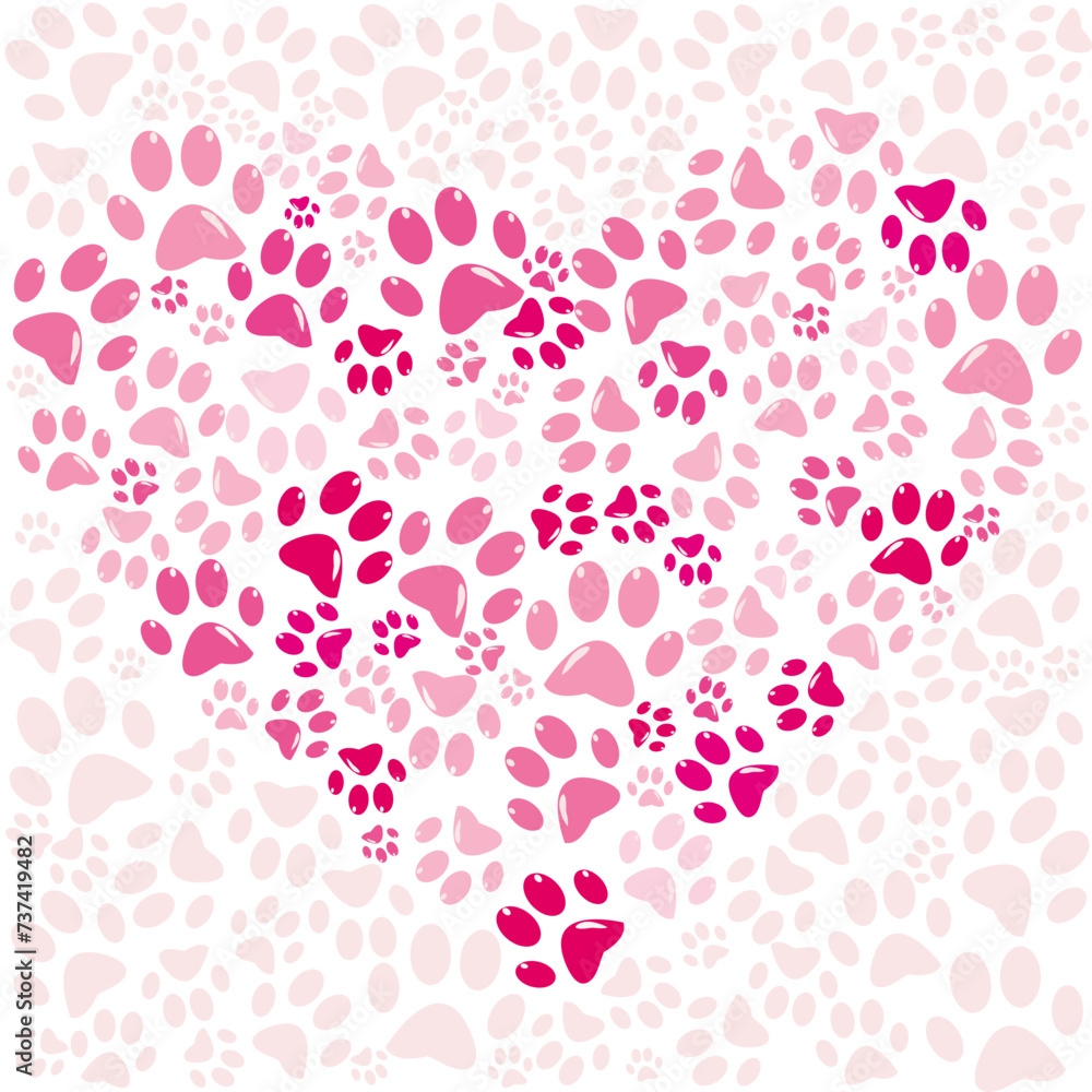 Pink heart made of  animal footprints