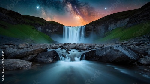 Night landscape scenery with milky way over waterfall and mountains  background  wallpaper