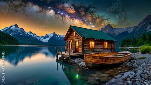 Night landscape scenery with milky way over mountains and wooden house by the lake, background, wallpaper