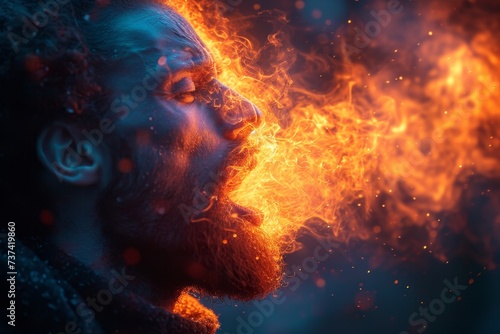 A man's face on fire on a black background. 3d illustration