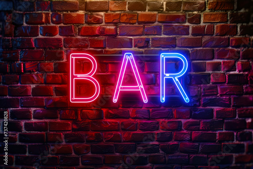 Neon sign with text BAR on a brick wall