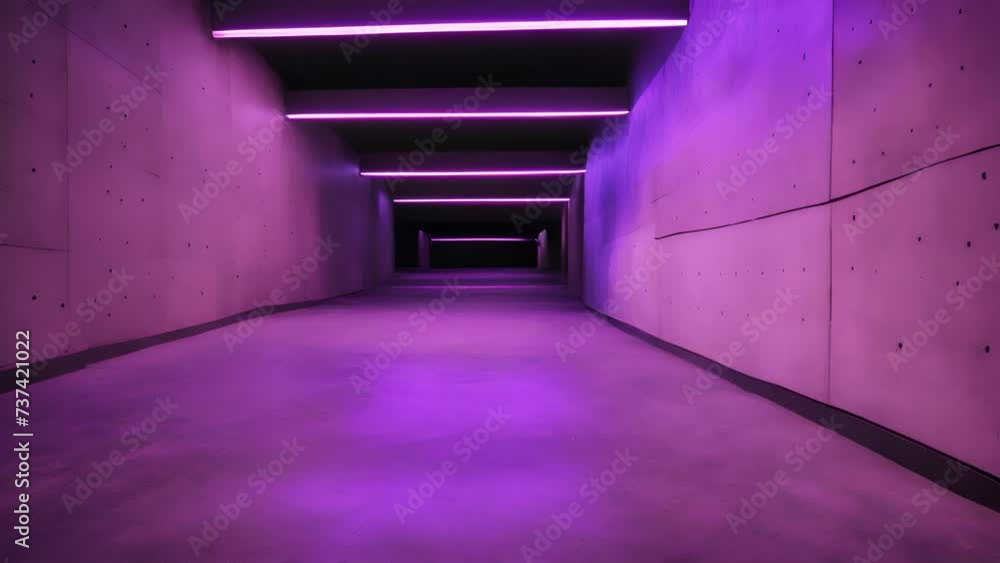 Long hallway illuminated by vibrant purple lights. Perfect for adding mysterious and captivating atmosphere to any project Long hallway illuminated by vibrant purple lights. Perfect for adding mysterious and captivating atmosphere to any project