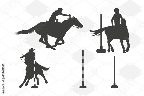 vector silhouettes of a rodeo cowgirl pole bending.