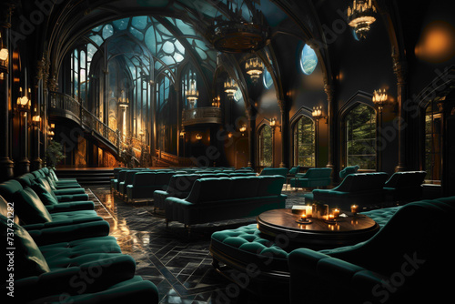 Visualize the interior opulence of a cinema  designed to captivate audiences with comfortable seating  atmospheric lighting  and a large cinematic screen.