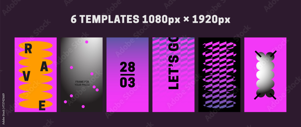 Fototapeta premium Set of playful abstract Y2k backgrounds. Bold template for rave party. Geometric shapes and futuristic forms. Social media set design. pack for events. Neo brutalism. Retro vibe, glitch, Pink 