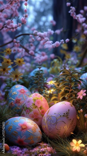 A whimsical arrangement of Easter eggs, each with a unique, fairy tale-inspired floral pattern, set in a magical fairy tale forest of flowers and whimsical plants.