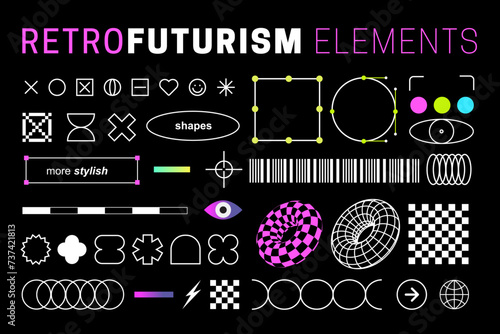 Retro futurism line elements. Future geometric brutalism Playful shapes in Y2k style. Brutalism and minimalism aesthetic. Retro futuristic party. Abstract geometric elements for modern design. Rave