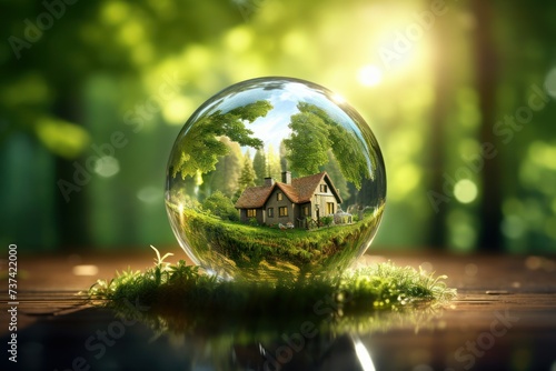 Glass bubble with a house in nature. Concept of sustainability, ecology, environmental care, etc.