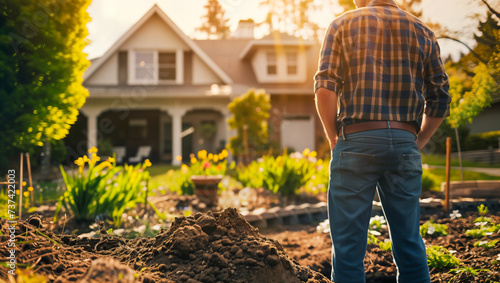 portraying disappointed homeowners facing challenges with landscaping plans, whether due to unexpected terrain issues or difficulties in achieving the desired aesthetic