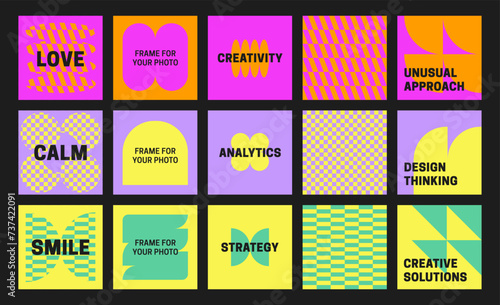 Editable square banner template for Social media, set design.Creative pack with playful shapes. Set of Y2k backgrounds. Neo brutalism. Retro futurism, glitch, abstract shapes, Neon 