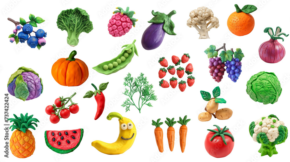 A collection of plasticine vegetables and fruits, colorful on a transparent background. A collection of plasticine vegetables and fruits, colorful on a transparent background.