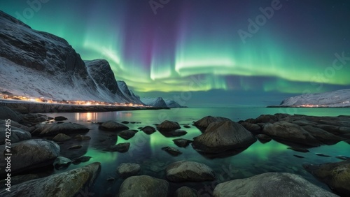 Scenic landscape of aurora over rocky seashore in Norway. generative, ai. © Oleksii