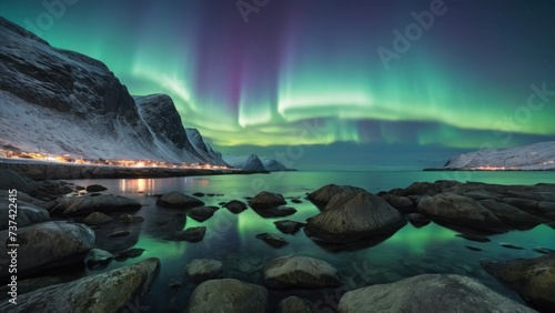 Scenic landscape of aurora over rocky seashore in Norway. generative, ai.