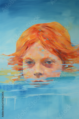 Abstract painting style portrait of girl swimming in water.