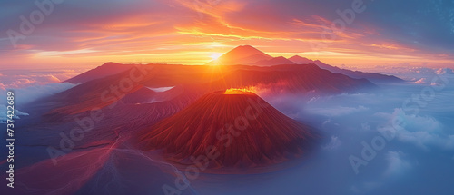 Panorama of Sunrise at volcano Bromo, Java island, Indonesia. Panoramic aerial view,generative ai © Suralai