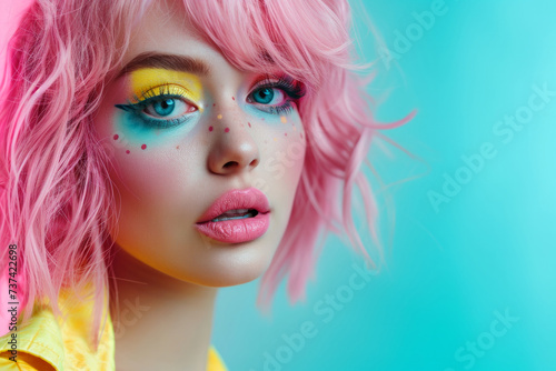 Portrait of beautiful girl with pink hair on a blue background. Bright and fashionable teenager girl Hipster with pink dyed hair with bright makeup. Stylish modern fashionable trendy girl.