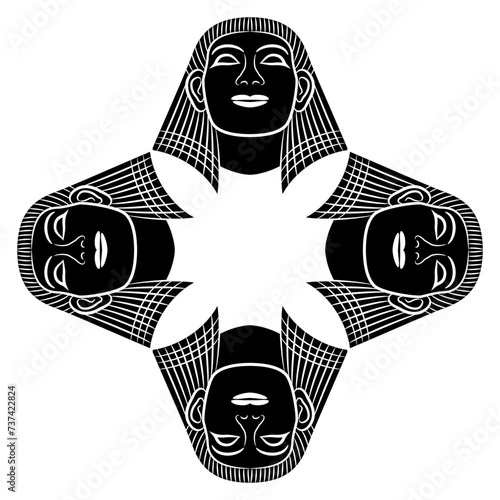 Square rhombus shape geometrical ethnic mandala with four heads of ancient Egyptian man or pharaoh wearing nemes hat. Black and white silhouette.