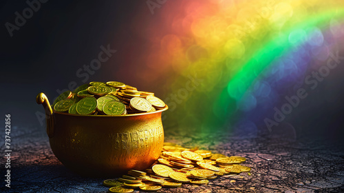 Golden Treasury: A Pot of Gold Overflowing with Coins, Unveiling a Radiant Rainbow, Symbolizing Wealth and Good Fortune