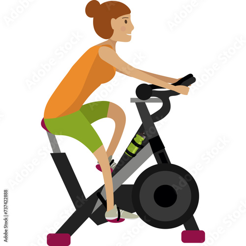 Fitness woman riding stationary bike gym equipment vector icon isolated on white