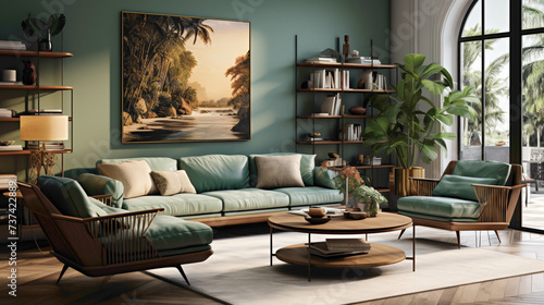 A chic mid-century modern living room featuring a green lounge chair paired with a wicker round coffee table. 