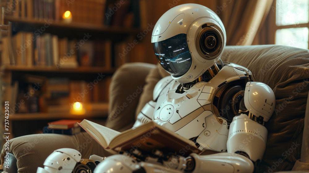 humanoid robot engrossed in reading a book in a cozy interior setting. Learning concept,generative ai humanoid robot engrossed in reading a book in a cozy interior setting. Learning concept,generative ai