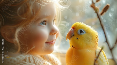 happy little girl and young parrot