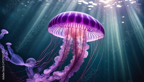 Pink jellyfish floats in dark sea water. Mauve Stinger, Pelagia noctiluca. Underwater life. © hardvicore
