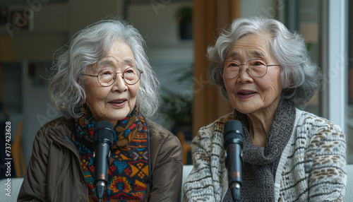 two Asian Chinese Senior womans doing a potcast in white living room,generative ai photo