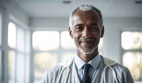 Confident Old British Male Doctor or Nurse in Clinic Outfit Standing in Modern White Hospital, Looking at Camera - Professional Medical Portrait, Copy Space, Design Template, Healthcare Concept