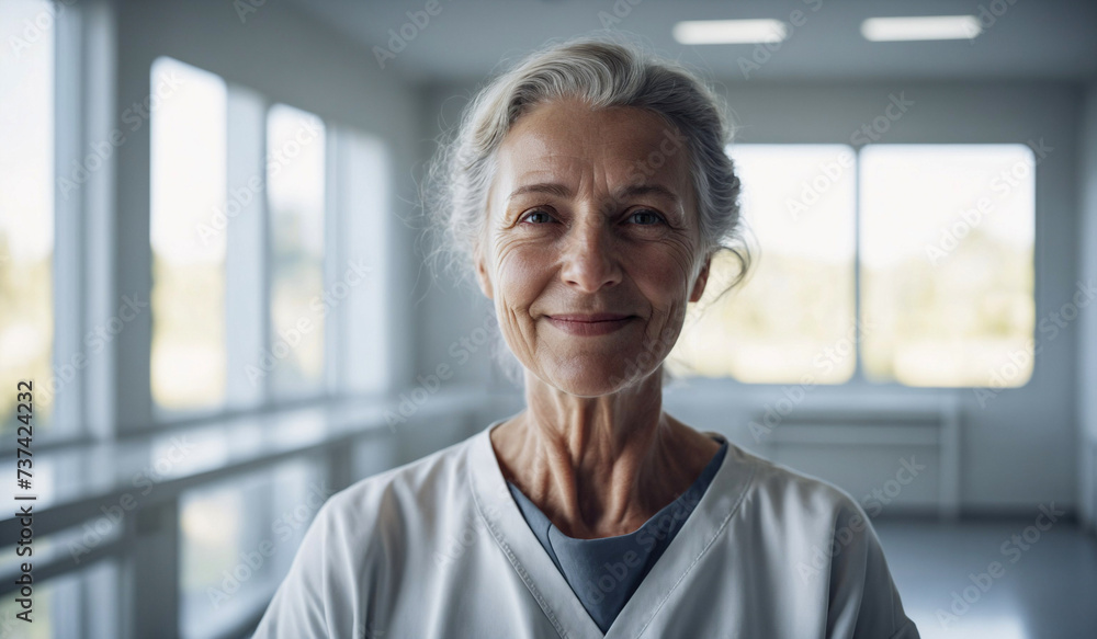 Confident Old Australian Female Doctor or Nurse in Clinic Outfit Standing in Modern White Hospital, Looking at Camera, Professional Medical Portrait, Copy Space, Design Template, Healthcare Concept - obrazy, fototapety, plakaty 