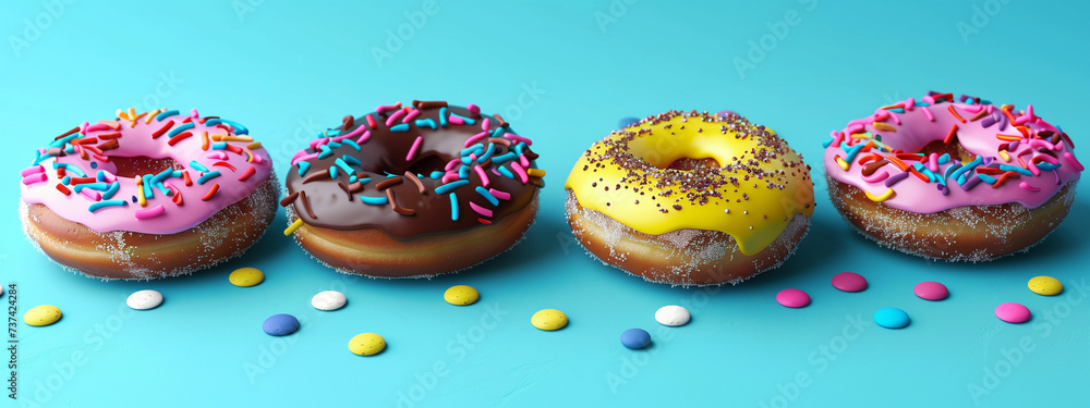 Colorful Sprinkled Donuts on Blue Background