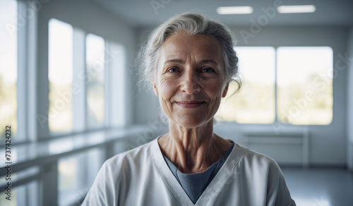 Confident Old Australian Female Doctor or Nurse in Clinic Outfit Standing in Modern White Hospital, Looking at Camera, Professional Medical Portrait, Copy Space, Design Template, Healthcare Concept