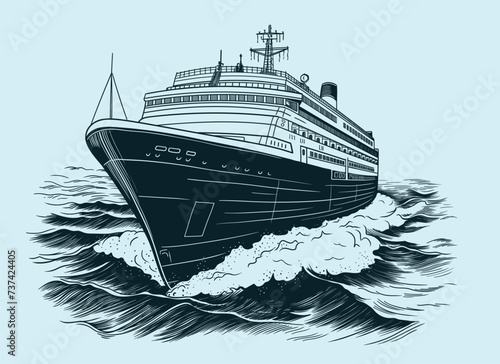 A cruise ship sails on the sea waves. Vector drawing isolated on a blue background.