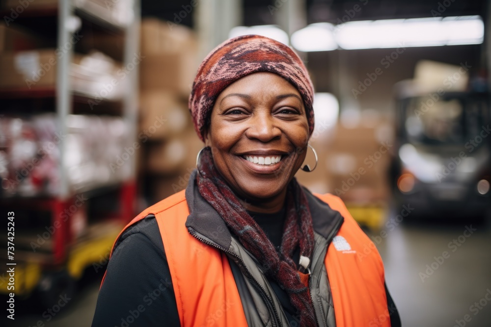 Portrait of a smiling middle aged woman in factory Portrait of a smiling middle aged woman in factory