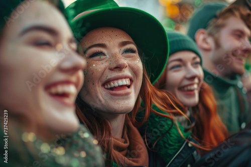Group of happy friends celebrating Saint Patrick's Day in festive green attires. Design for banner, poster. Ireland and Irish culture. Celebration, festival, happy holiday concept