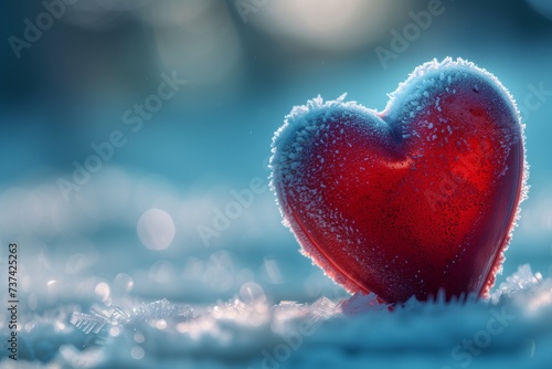 A red heart with a frosty, ice-like texture, set against a blurred background of a winter wonderland. The heart is illuminated with a cool, blue-toned light, emphasizing its icy appearance.