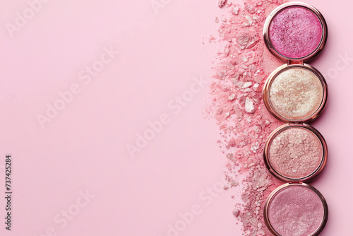 Pink eye shadow palette on a pink background, top view with copy space.