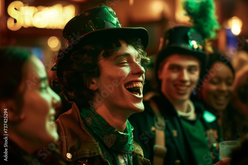 Man laughing and wearing a green top hat on Saint Patrick's Day festival. Leprechaun costume. Design for banner, poster. Ireland and Irish culture. Happy holiday, celebration concept