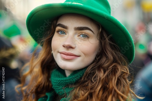 Smiling woman with green hat at a St. Patrick's Day parade. Design for banner, poster. Ireland and Irish culture. Holiday, celebration, carnival concept