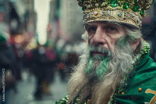 Elderly man in festive green attire with crown on Saint Patrick's Day festival. Design for banner, poster. Holiday, carnival, celebration concept. Ireland and Irish culture