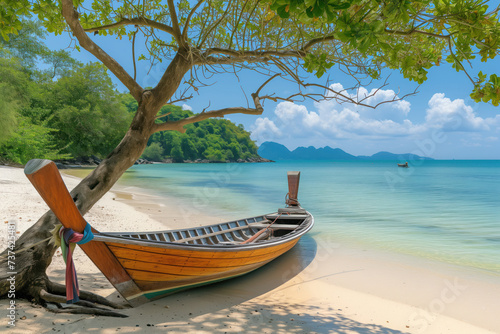 Wooden long tail boat on tropical seascape beach in ocean AI Generative © ungvar