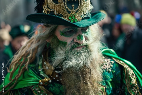Elderly man in festive green attire on Saint Patrick's Day festival. Design for banner, poster. Holiday, carnival, celebration concept. Ireland and Irish culture
