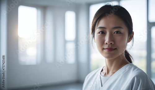 Confident Mid-Age Japanese Female Doctor or Nurse in Clinic Outfit Standing in Modern White Hospital, Looking at Camera, Professional Medical Portrait, Copy Space, Design Template, Healthcare Concept photo