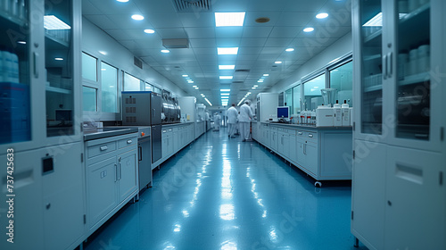 a long hallway in a laboratory with people walking down it