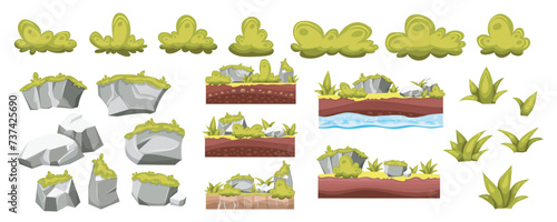 Grass and rocks mega set in cartoon graphic design. Bundle elements of green bushes, grey stones with moss, plant leaves, ground asset layers for game interface. Vector illustration isolated objects © alexdndz