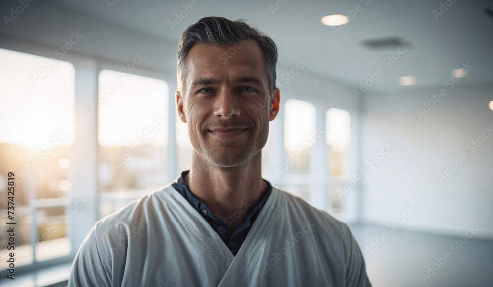 Confident Mid-Age Dutch Male Doctor or Nurse in Clinic Outfit Standing in Modern White Hospital, Looking at Camera, Professional Medical Portrait, Copy Space, Design Template, Healthcare Concept - obrazy, fototapety, plakaty 