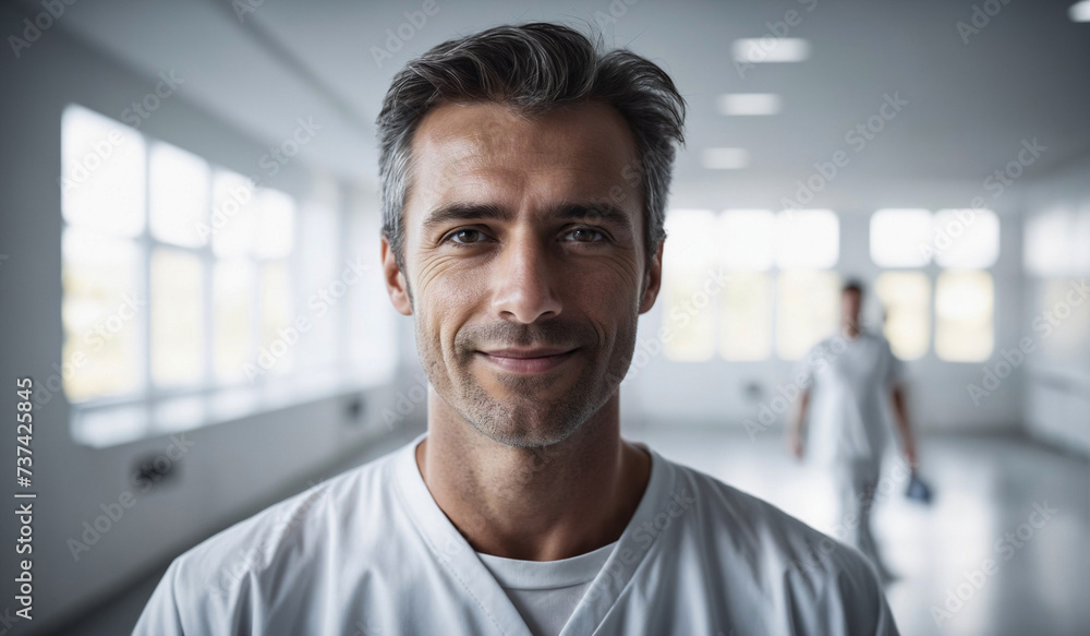 Naklejka premium Confident Mid-Age Swiss Male Doctor or Nurse in Clinic Outfit Standing in Modern White Hospital, Looking at Camera, Professional Medical Portrait, Copy Space, Design Template, Healthcare Concept