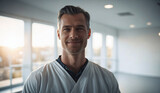 Confident Mid-Age Dutch Male Doctor or Nurse in Clinic Outfit Standing in Modern White Hospital, Looking at Camera, Professional Medical Portrait, Copy Space, Design Template, Healthcare Concept