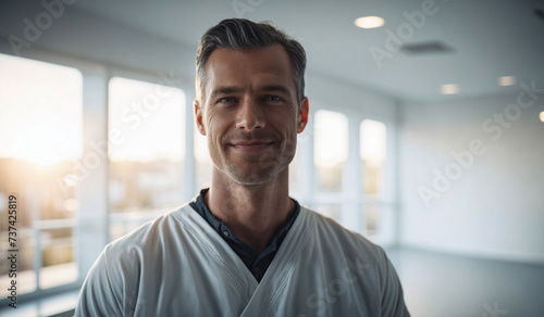 Confident Mid-Age Dutch Male Doctor or Nurse in Clinic Outfit Standing in Modern White Hospital, Looking at Camera, Professional Medical Portrait, Copy Space, Design Template, Healthcare Concept photo