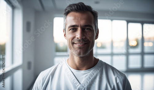 Confident Mid-Age Belgian Male Doctor or Nurse in Clinic Outfit Standing in Modern White Hospital, Looking at Camera, Professional Medical Portrait, Copy Space, Design Template, Healthcare Concept